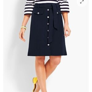 Talbots navy a line skirt bow detail button front tie belt knee length Size 6